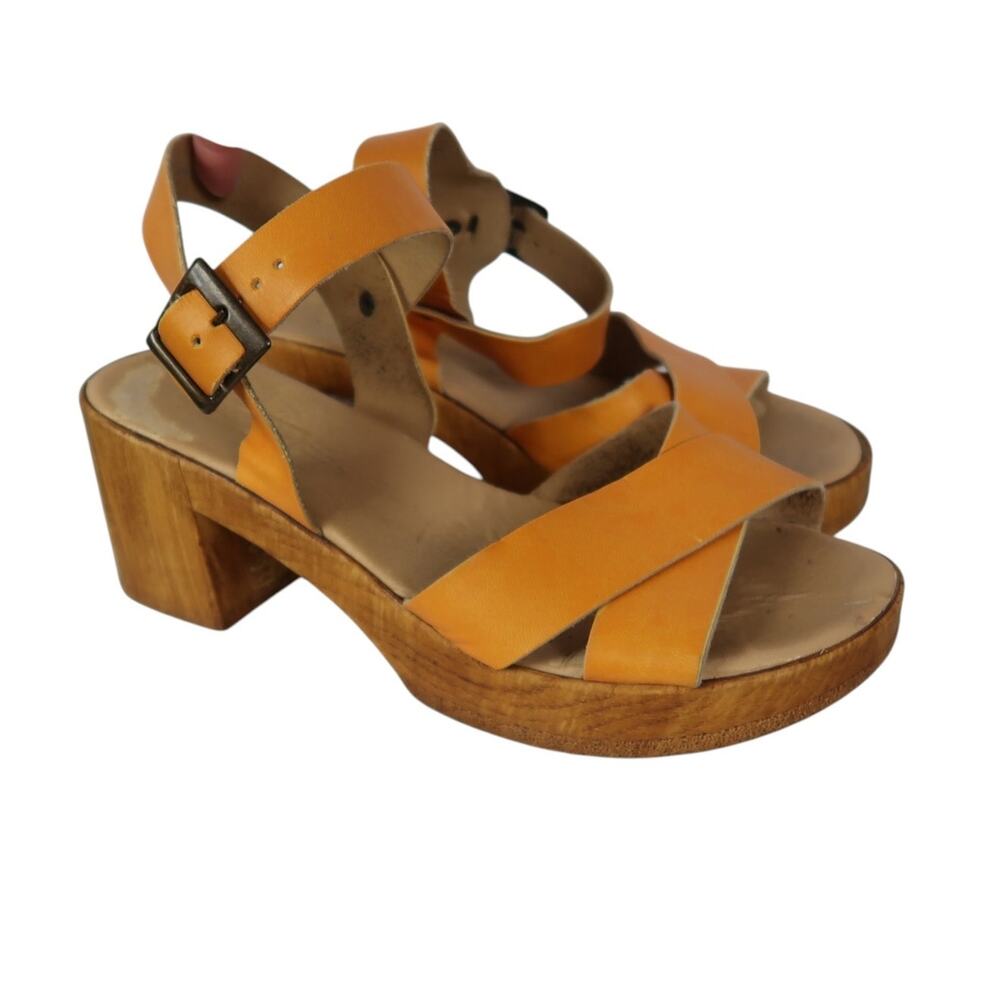 Vintage Orange Tan Leather Platform Wooden Sandal Clogs Block Heel 7